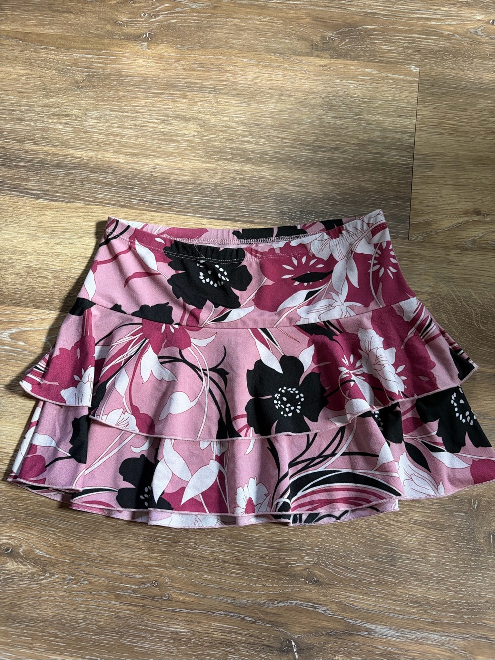 Vintage Pink Floral Tiered Mini Skirt - Black & White Accents